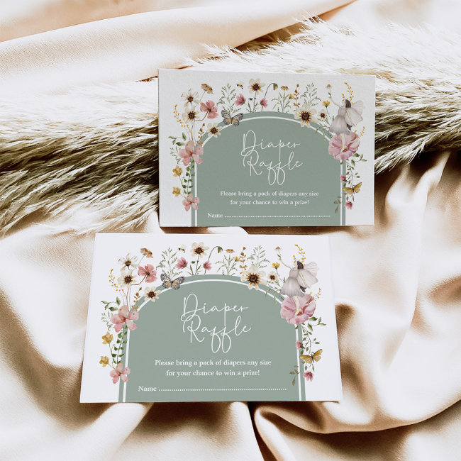Boho Wildflower Fairy Sage Green Diaper Raffle Enclosure Invitations