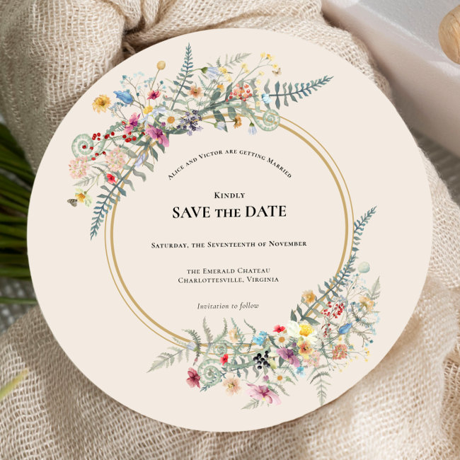 Boho Wildflower Fern Beige Wedding Round Save The Date