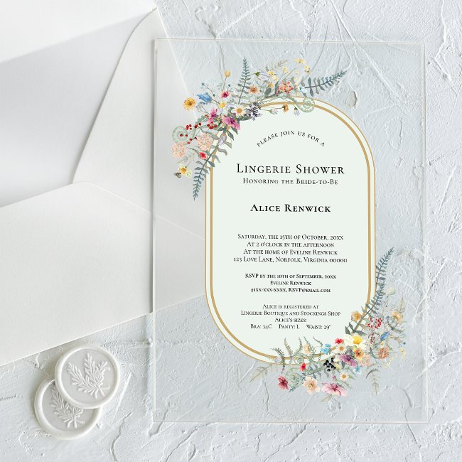 Boho Wildflower Fern Mint Green Lingerie Shower Acrylic Invitations