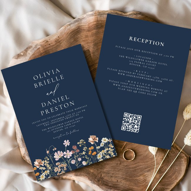 Boho Wildflower Navy Blue Qr Code Wedding Invitation