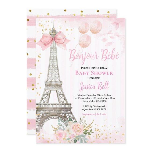 Bonjour Bebe Paris Girl Baby Shower Pink Eiffel Invitation