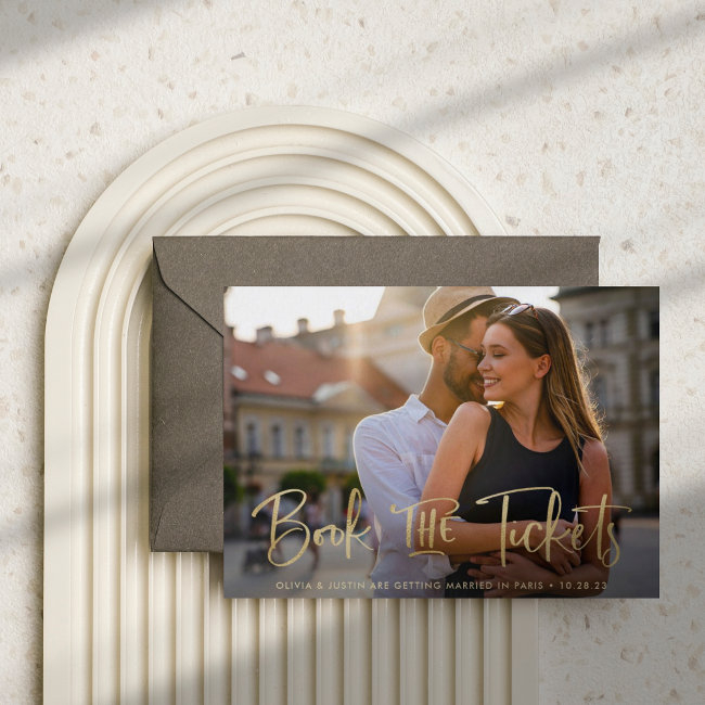 Book The Tickets Faux Gold Wedding Save The Date Announcement Postinvitations