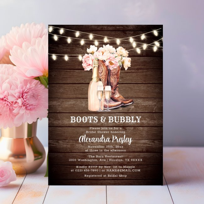 Boots & Bubbly Rustic Cowgirl Floral Bridal Shower Invitation
