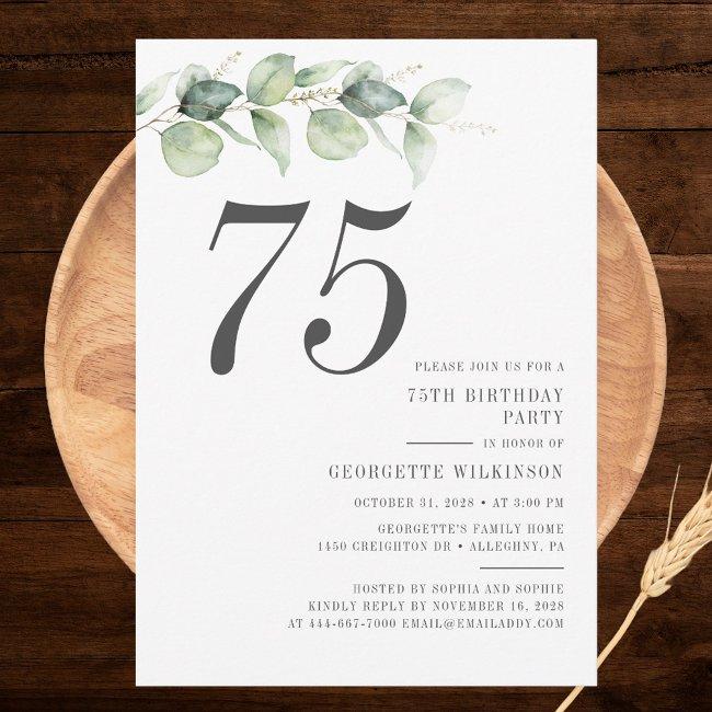 Botanical Eucalyptus Greenery 75th Birthday Invitation