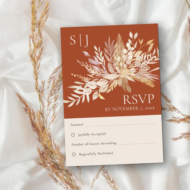 Botanical Foliage Terracotta Monogram Wedding Rsvp Invitations