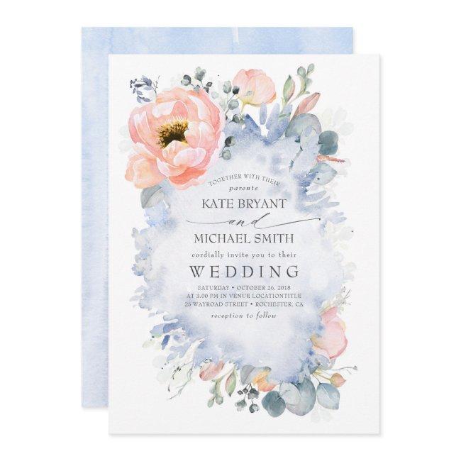 Botanical Peach Flowers Dusty Blue Wedding Invitation
