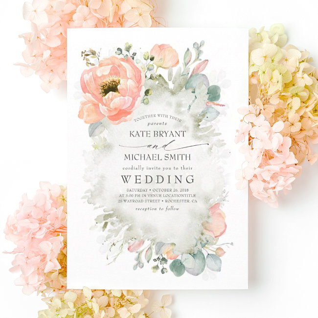 Botanical Peach Flowers Elegant Garden Wedding Invitation