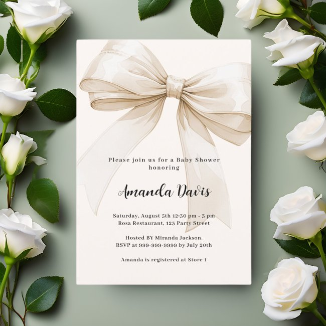 Bow Gender Neutral Beige Baby Shower Invitation