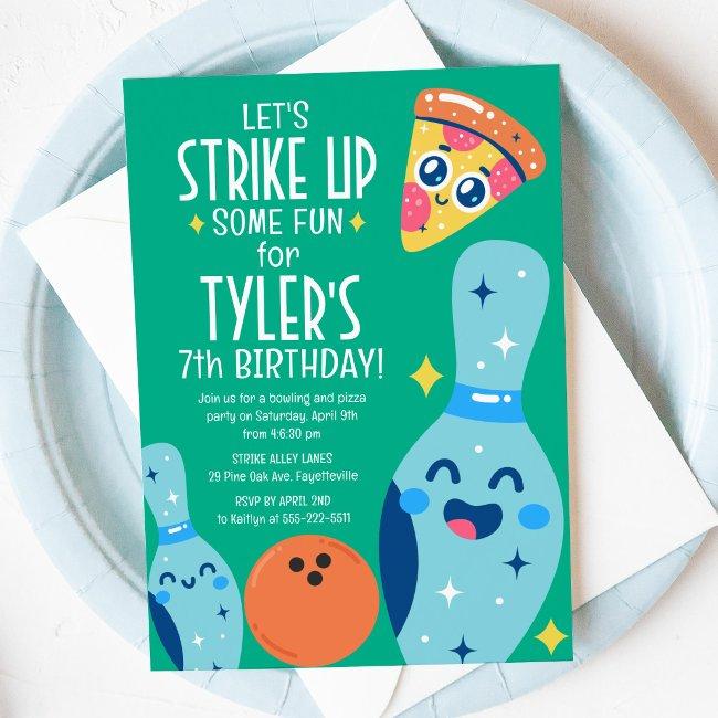 Bowling And Pizza Retro Birthday Party Invitation