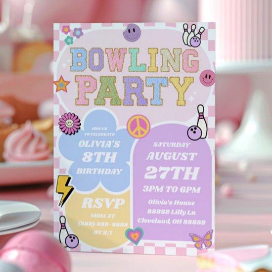 Bowling Party Preppy Varsity Patch Birthday Party Invitation