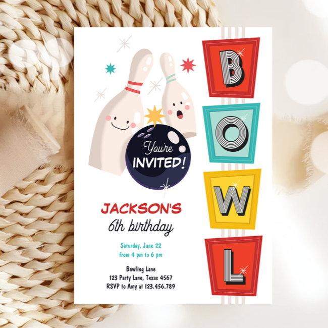 Bowling Strike Up Some Fun Retro Boy Girl Birthday Invitation