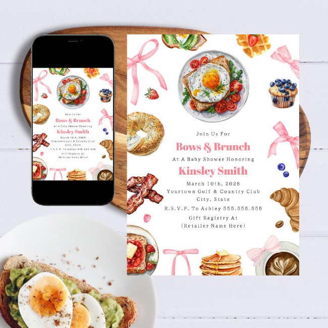 Bows + Brunch Girl Pink Baby Shower Breakfast Invitation