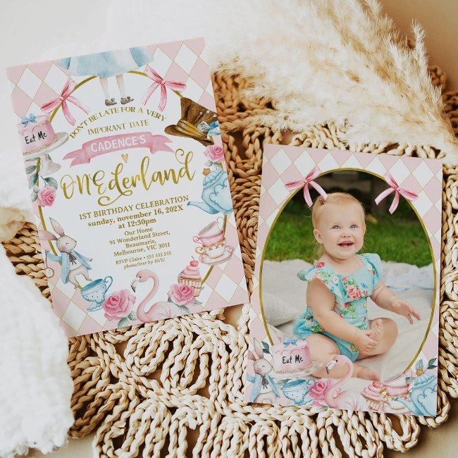 Bows Pink Photo Alice Onederland 1st Birthday Invitation