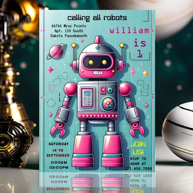 Boy Cute Toy Funny Robot First 1st Birthday Invitation