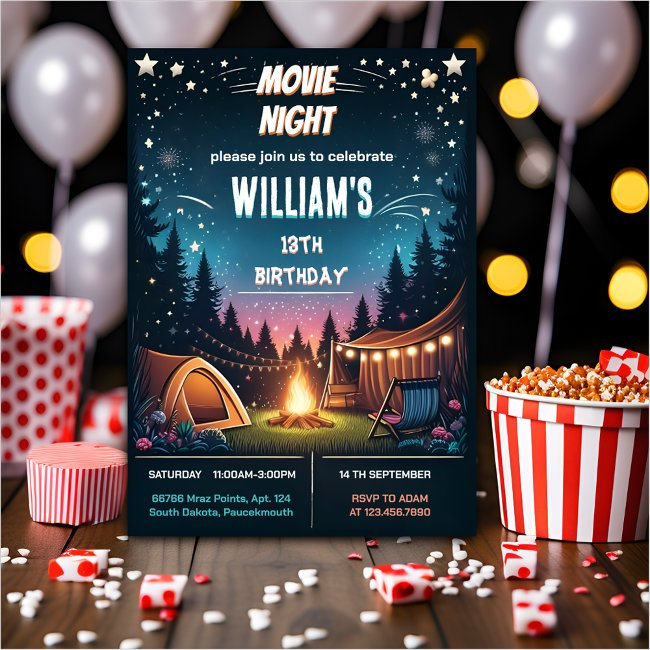 Boy Fun Camping Popcorn Movie Night 13th Birthday Invitation