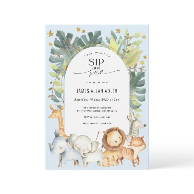 Boy Sip And See Safari Themed Baby Shower Invitation