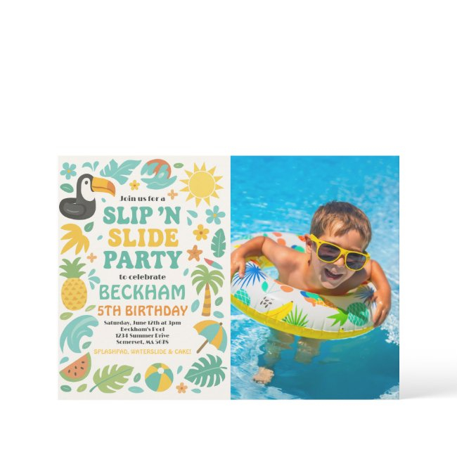 Boy Tropical Slip ’n’ Slide Birthday Party Photo Invitation