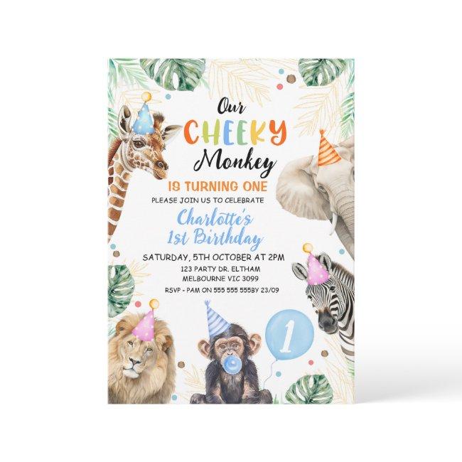 Boys Blue Hat Our Cheeky Monkey Birthday Invitation