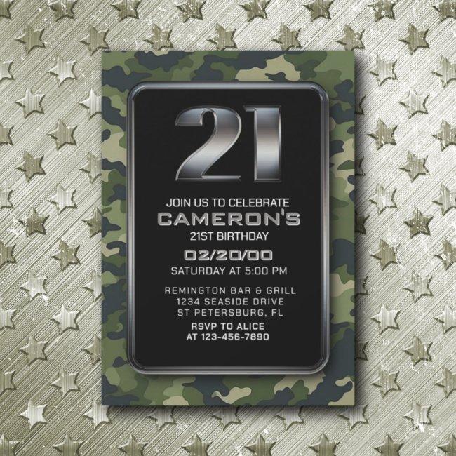 Boys Camo Hunting Army 21st Birthday Invitation