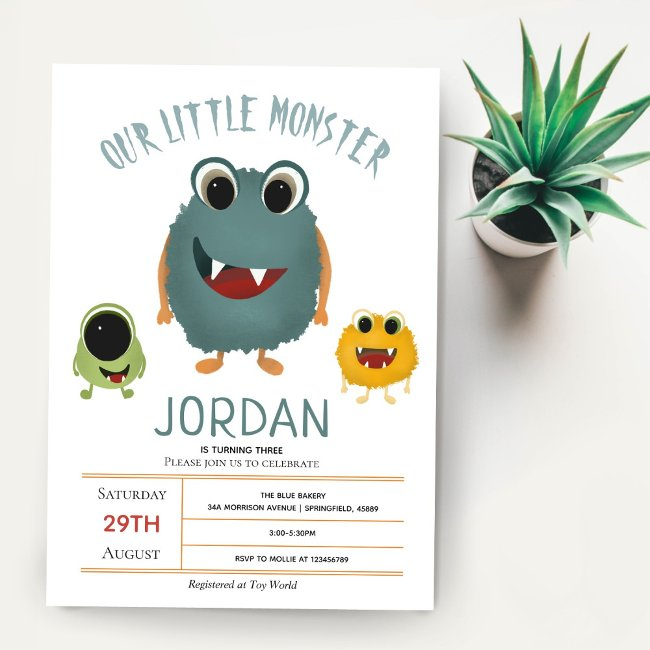 Boys Cute And Modern Monster Kids Birthday Party Invitation