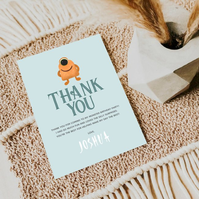 Boys Cute Blue Monster Alien Kids Birthday Thank You Invitations
