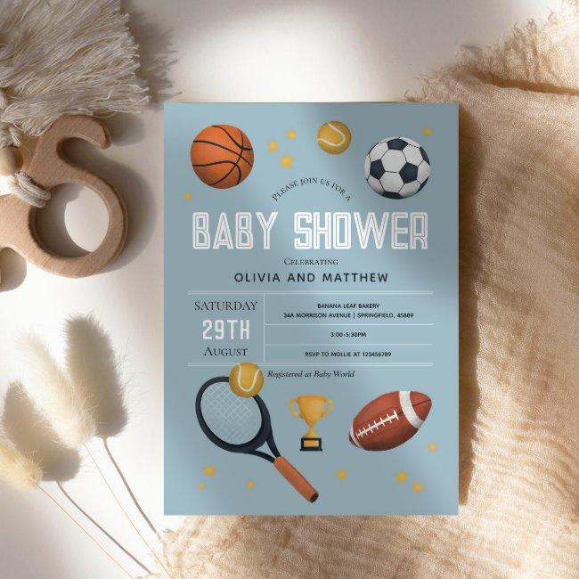 Boys Cute Blue Sports Baby Shower Invitation