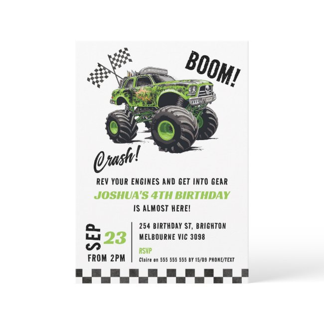 Boys Green Fluorescent Monster Truck Birthday Invitation