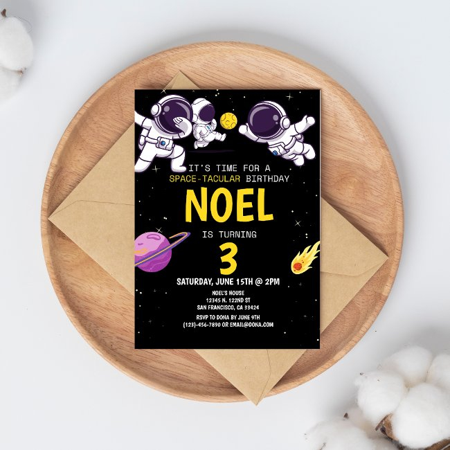 Boys Modern Astronaut Black Kids Birthday Invitation
