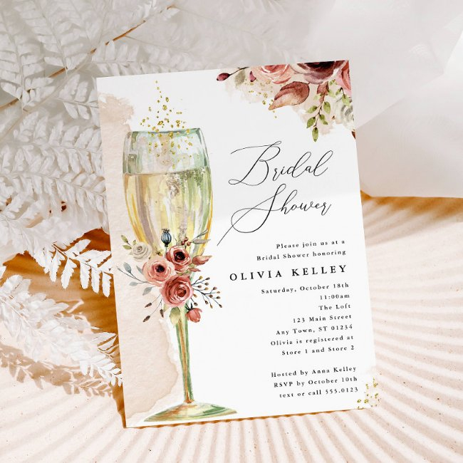 Bridal Shower Earthy Floral Champagne Glass Invitation