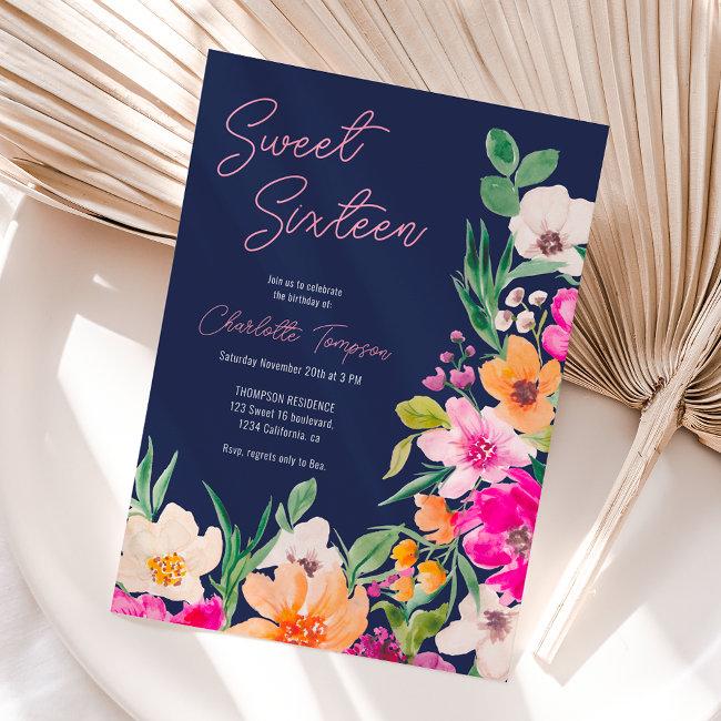 Bright Bold Wild Flowers Script Sweet 16 Invitation