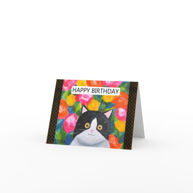 Bright Happy Floral Tuxedo Cat Art Lover Birthday Invitations