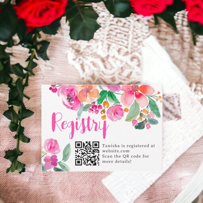 Bright Hot Pink Fall Floral Script Bridal Registry Enclosure Invitations