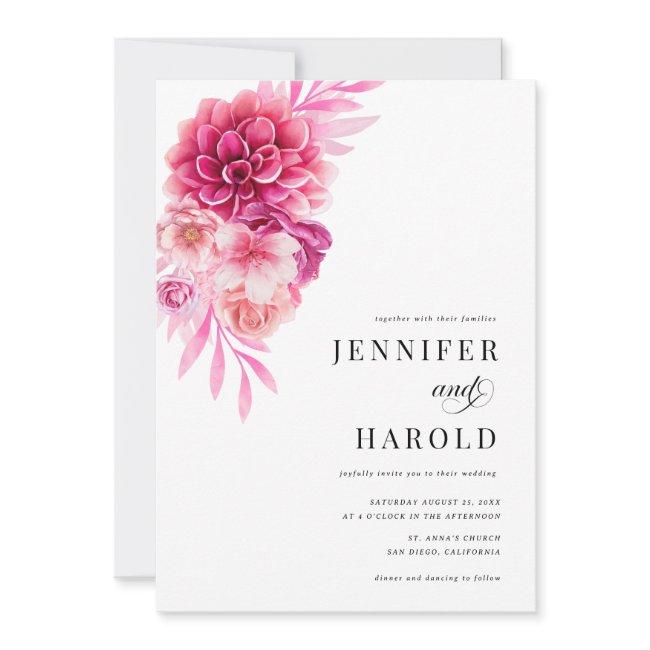 Bright Hot Pink Floral Qr Code All In One Wedding Invitation