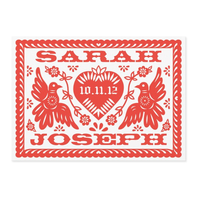 Bright Red Papel Picado Style Love Birds Invitation