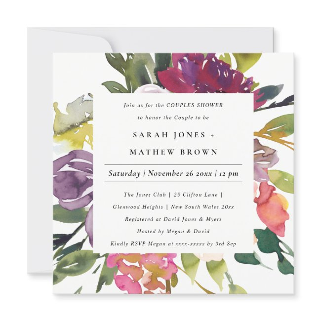 Bright Yellow Blush Burgundy Floral Couples Shower Invitation