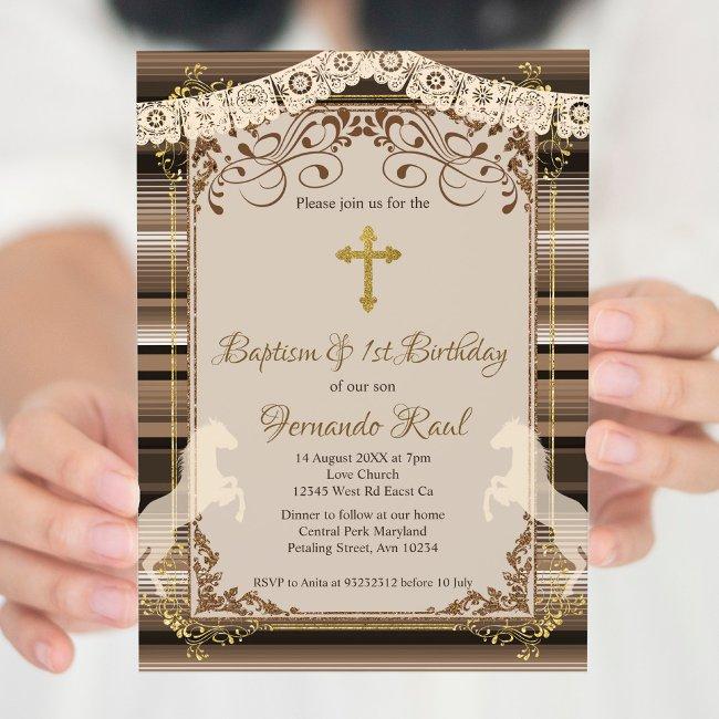 Brown Fiesta Baptism Cross And First Birthday Invitation