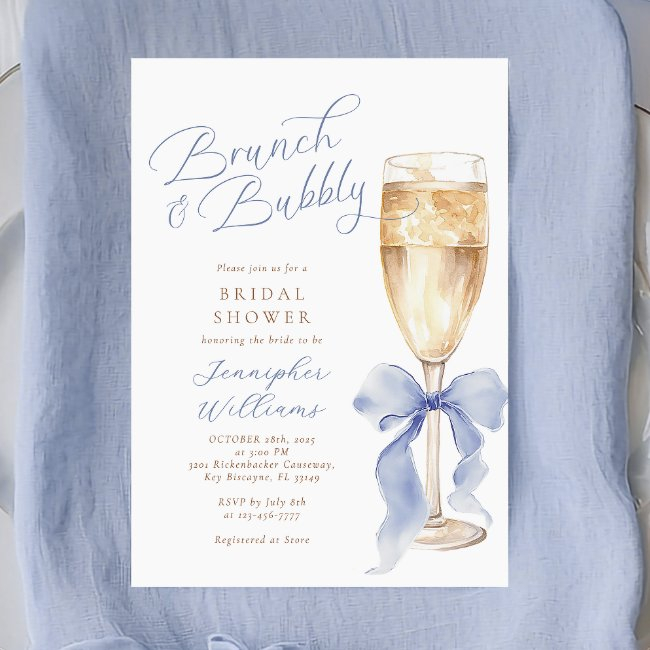 Brunch And Bubbly Blue Bow Bridal Shower Invitation
