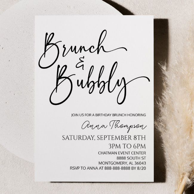 Brunch And Bubbly Minimal Birthday Brunch Party Invitation
