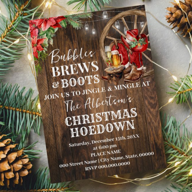 Bubbles Brews & Boots Western Christmas Hoewdown Invitation