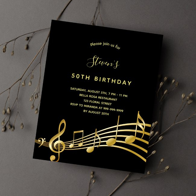 Budget Birthday Black Gold Music Notes Invitation