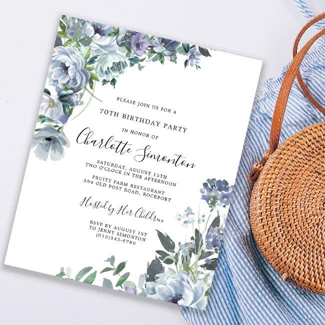 Budget Dusty Blue Floral 70th Birthday Invitation