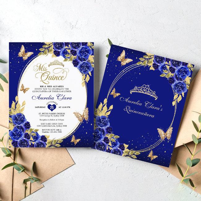 Budget Floral Blue Gold Butterfly Quinceanera