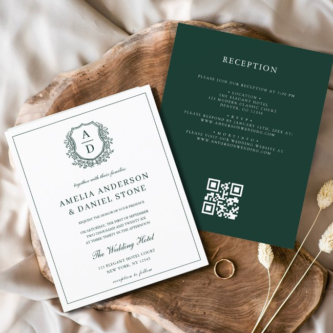 Budget Green Crest Wedding Qr Code Invitation