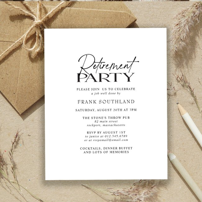 Budget Minimalist Black White Retirement Party