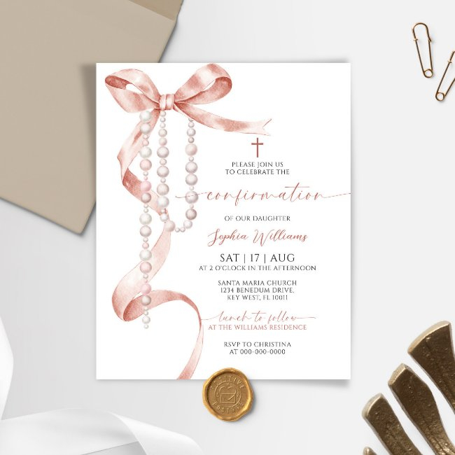 Budget Mocha Bow & Rosary Confirmation Invitation