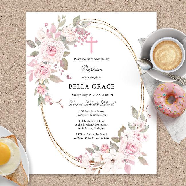 Budget Rustic Pink Rose Floral Baptism Invitation