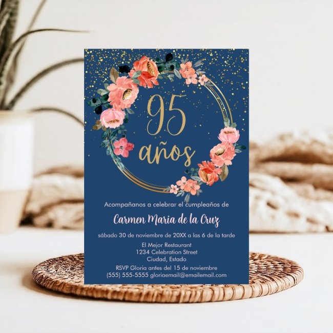 Budget Spanish Blue Elegant Floral 95th Birthday Invitation