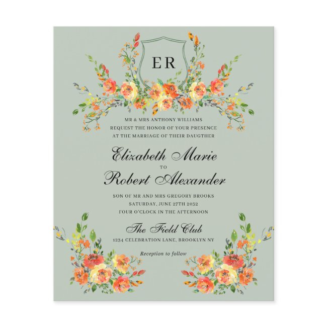 Budget Sunset Bloom Monogram Green Crest Wedding