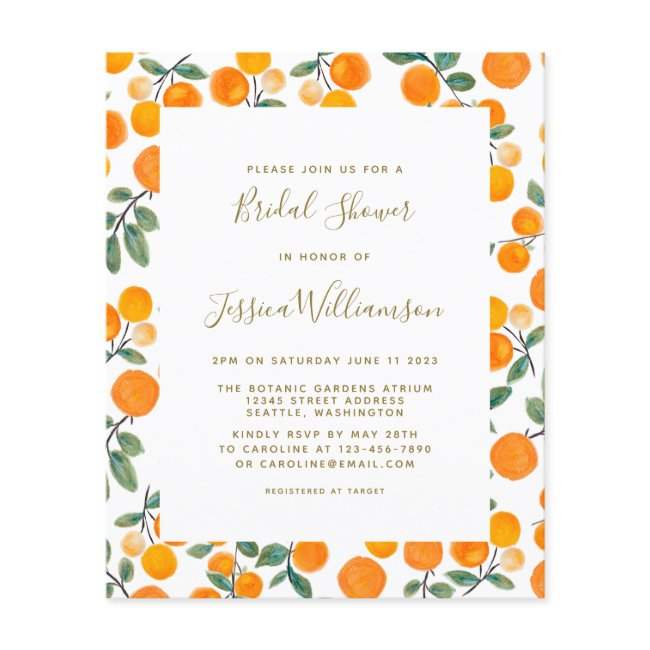 Budget Watercolor Oranges Bridal Shower Invite