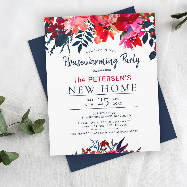 Budget Watercolor Red Floral Housewarming Party